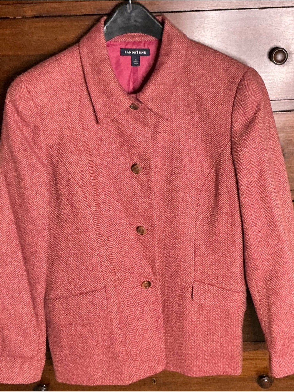Lands' End Women's Coral Red Herringbone Wool-Blend Blazer